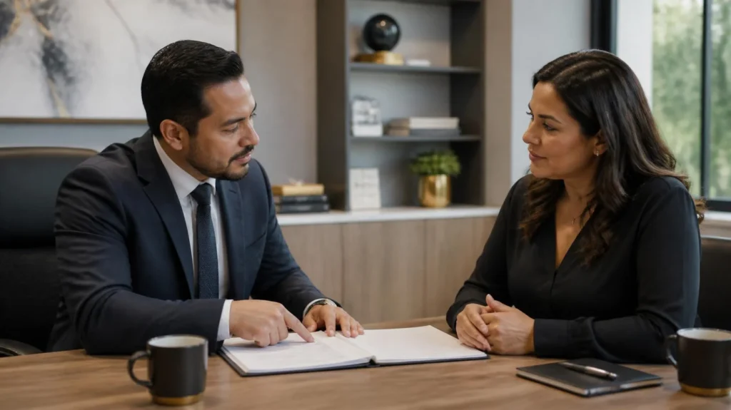 Consultor funerario explicando un plan de previsión funeraria a una familia.
