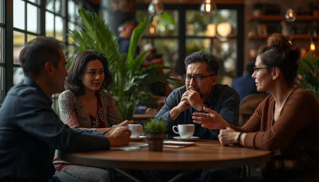 Grupo de personas conversando sobre la vida y la muerte en una cafetería.