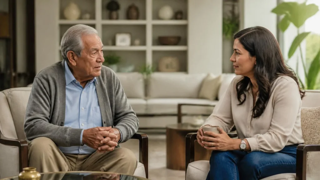 Suegro y nuera conversando sobre decisiones importantes para el futuro familiar.