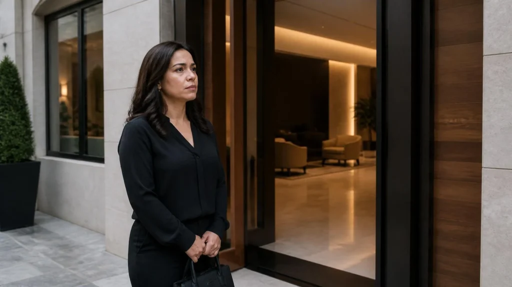 Mujer entrando a una agencia funeraria para solicitar información sobre previsión funeraria.