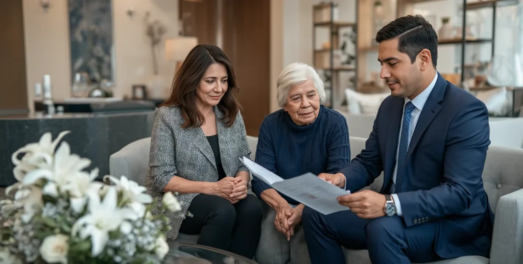 Consultor funerario asesorando a una familia sobre los servicios incluidos en un plan funerario.