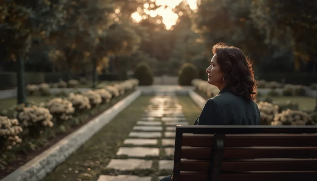 Mujer latina reflexionando sobre la vida en un jardín memorial durante el atardecer.